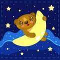 Cute cartoon bear holds yellow moon on the night sky with stars.